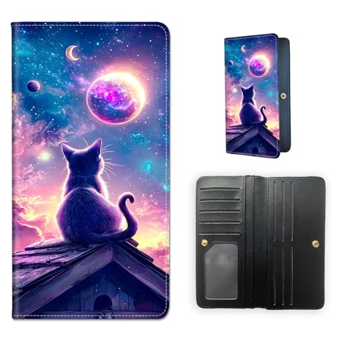 RFID Blocking Leather Wallet for Women and Men, Cute Cat Watching Moon Compact Bifold Credit Card Holder with RFID Protection, Small Ladies Slim Minimalist Wallet