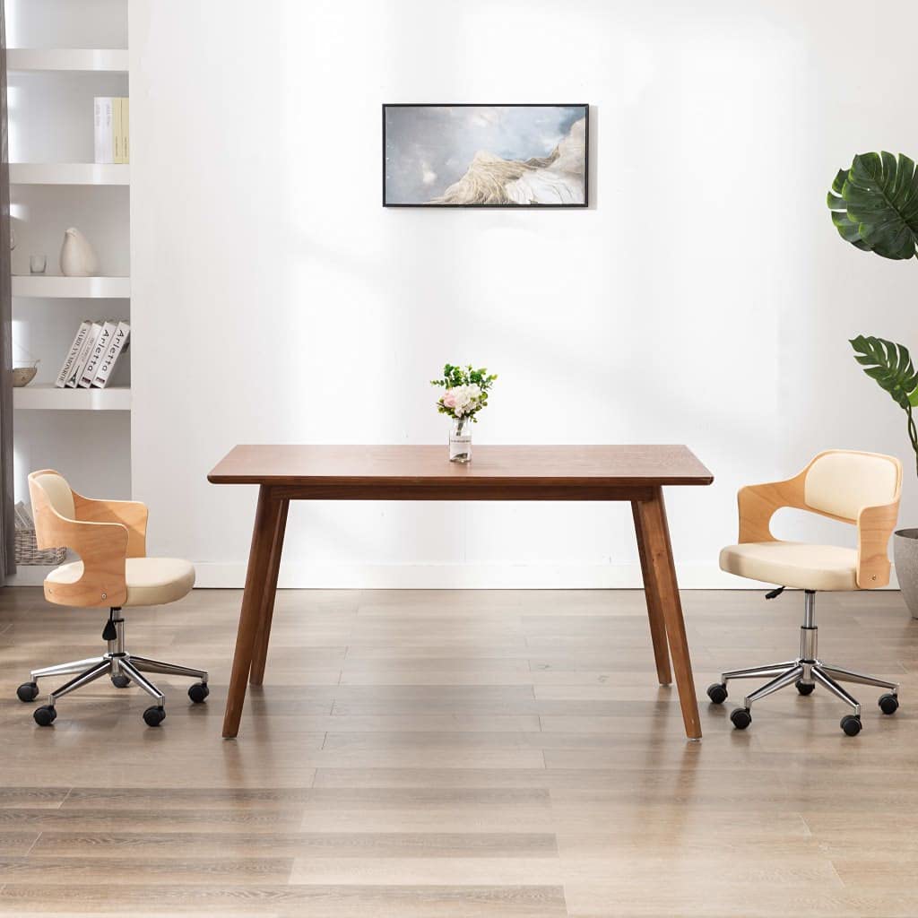 Silla de comedor giratoria de madera curvada y piel sintética con mecanismo de resorte de gas y 5 ruedas, silla de oficina regulable en altura, acolchado suave, diseño moderno para sala de