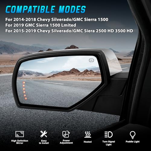 Side View Mirror Compatible with Chevy Silverado/GMC Sierra 1500 2014-2018, 10 Pins Driver Side Mirrors for 2015-2019 Silverado/Sierra 2500HD 3500HD with Puddle & Signal Light, Heated Power Glass - Thumbnail 2