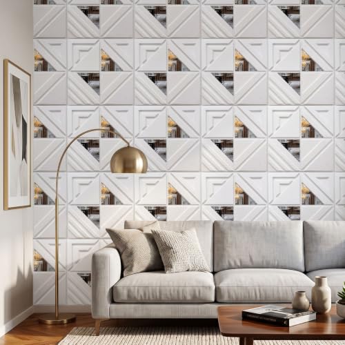 Image of Kayra Decor 3D PVC Wall Panels |Geometric Design | White Color with Silver Acrylic | Panels for Bedroom & Living Room | 19.7 x 19.7 Inch | Pack of 40 | 107.6 Sq Ft