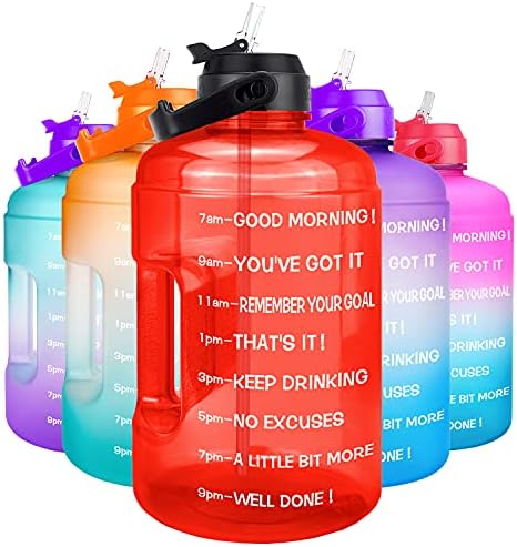 QuiFit 1 Gallon Water Bottle - with Straw & Motivational Time Marker Leak-Proof BPA Free Reusable Gym Sports Outdoor Large(128OZ) Capacity Water Jug(Red,1 Gallon)