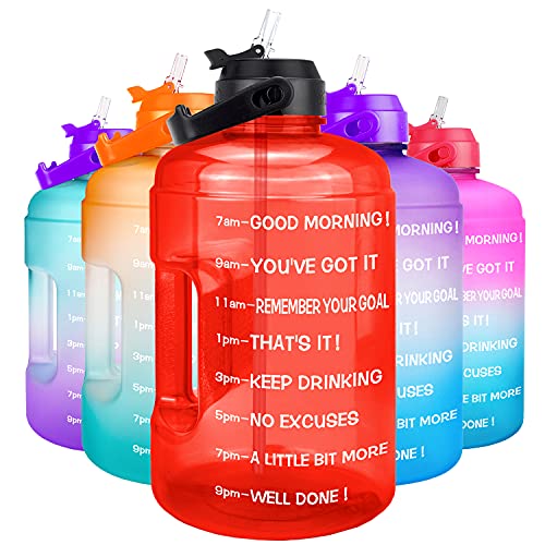 Quifit 1 Gallon Water Bottle - With Straw & Motivational Time Marker Leak-Proof Bpa Free Reusable Gym Sports Outdoor Large(128Oz) Capacity Water Jug(Red,1 Gallon) #TOP4