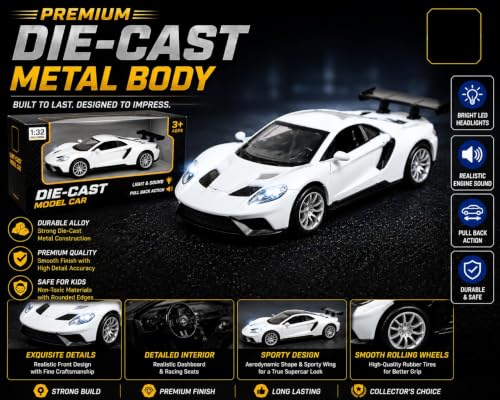 Image of TEC TAVAKKAL 1:36 Scale Diecast Metal Toy Car with Openable Doors, Pull-Back Action, LED Lights & Music - Premium Mini Sports Car Model for Kids & Collectors (Mclaren White Small)