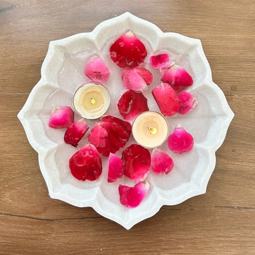 Image of Marble Urli Bowl for Decoration | Big Potpourri Decorative Bowls in Home decor | Large White Floating Flower Plates of Stone | Small Shape puja Item | (9 inch, Petal Glow)