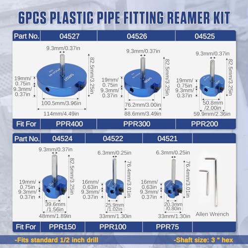 PVC Pipe Reamer 6 Size Plastic PVC Pipe Fitting Reamer PPR CPVC ABS PVC Pipe Reamer Tool Fits Standard 1/2\" Drill, PVC Fitting Saver for PPR75, PPR100, PPR150, PPR200, PPR300, PPR400 Water Drain Pipes