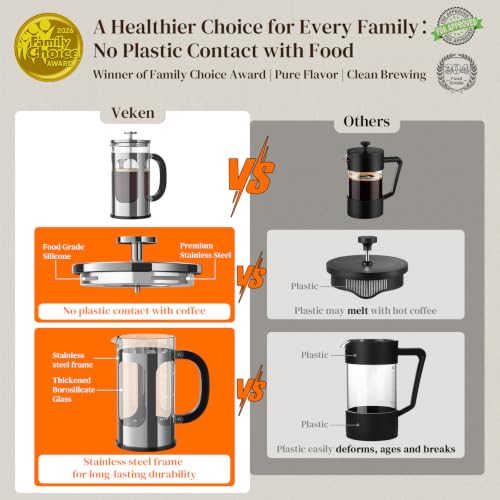 Image of Veken French Press Coffee Maker,No Plastic Touching Cafe,34oz 1L Cafetera | Heat Resistant Thickened Borosilicate Glass Stainless Steel Brewer, Cold Brew Pot for Kitchen,Travel,Camping,Tea,Gifts,Silver