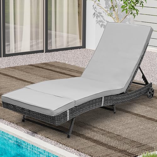YITAHOME Rattan Lounge Chair Set, Wicker Outdoor Chaise Lounge w/Wheels, Removable Cushion, 5-Position Backrest, Easy to Assemble Sun Lounger for Poolside Beach Balcony (Grey) w/Wheels 1PC G