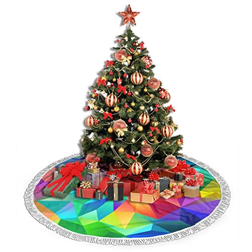 Rainbow Geometric Christmas Tree Skirt, Xmas Tree Skirt Mat With Tassel For Holiday Wedding Party Decor 48" #TOP13