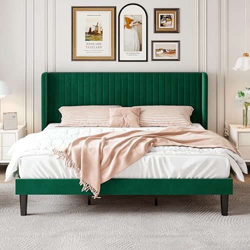 Image of SHA CERLIN King Size Velvet Bed Frame, Tufted Wingback Headboard, Green | 47'' Modern Vertical Channel Headboard, Upholstered Platform Bed, Wood Slats, No Box Spring Needed, Easy Assembly, Noise Free