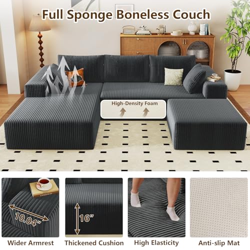 Image of 96 inch U-Shape Cloud Couch, Modern Modular Sectional L-Shape Sofa with Ottoman, Corduroy Upholstered Couches Deep Seat Chaise Longue for Living Room, No Assembly Required(Dark Gray, Left Facing)