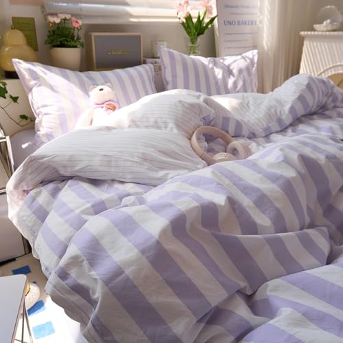 Image of LifeTB Striped Comforter Set Queen, Vintage Purple White Stripes Pattern Printed Bedding Set, Lightweight Soft Striped Bed Comforter with 2 Pillowcases, Farmhouse 3 Piece Comforter Set for All Season