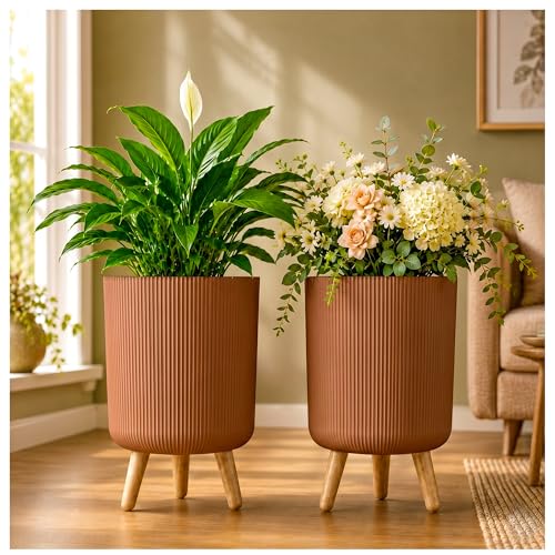 Image of Eightiz Store Modern Wood Brown Flower Pot with Plastic Legs | Indoor Outdoor Planter for Home Garden Balcony Decor Ribbed Design Sturdy Plastic Mid-Century Style (Wood Brown, Pack of 2)