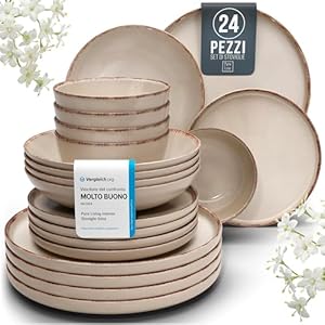 Set di Piatti in Ceramica per 6 Persone Rustic 24 Pezzi – Design Rustico e Moderno, Lavabili in Lavastoviglie – Set di Ciotole e Piatti Colorati – Pure Living beige