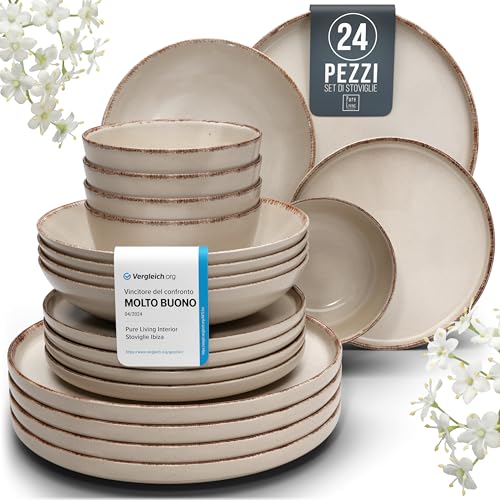 Set di Piatti in Ceramica per 6 Persone Rustic 24 Pezzi - Design Rustico e Moderno, Lavabili in Lavastoviglie - Set di Ciotole e Piatti Colorati - Pure Living beige