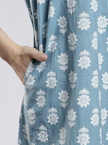 Image of 9shines Label Stylish Pure Cotton Nighty Maxi for Women | Embroidery Neckline Nightgown | A-Line Nightdress with Pocket | Floral Night Gown| Soft Comfortable Cotton Sleepwear (Cotton Yoke)