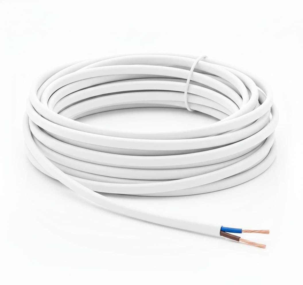 LampStation 2192Y 2 Core 0.5mm 240V White Flat Flex Cable - PVC Sheathed Electrical Wire for Table Lamps, Pendants & Light Appliances - 3 Amp - BASEC Approved - H03VVH2-F - 7 Metres