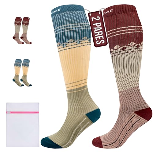 360 RELIEF 2 Pares Medias de Compresión 15-20 mmHg - Clase 1 Calcetines Compresion para Mujeres y Hombres - Soporte Diario para Correr, Viajar, Recuperación Deportiva - L/XL Verde&Marrón