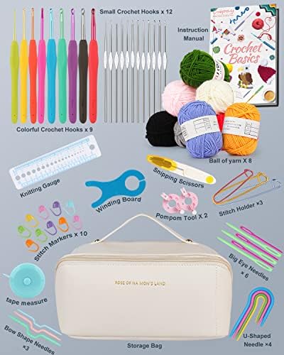 Coopay Crochet Kits for Kids Beginner Adults, 62pcs Travel Crochet Starter Kit Crochet Set with Crochet Hooks, Yarn Balls, Crochet Book, Portable Crochet Case, Full Knitting & Crochet Supplies (white)
