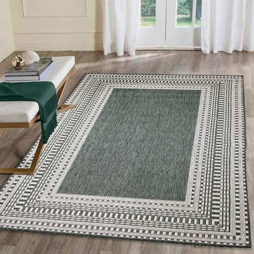 Liora Manne Malibu Indoor/Outdoor Power Loomed Synthetic Blend Low Profile Area Rug - Traditional Border Casual Colorful (Etched Border Green) (7'10" x 9'10")