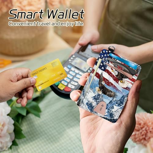 Image of Small Travel Wallets, Eagle Iceberg American Flag Slim Minimalist Front Pocket Wallet with Wristlet, RFID Blocking PU Leather Credit Card Holder with ID Window Change Purse for Men Women