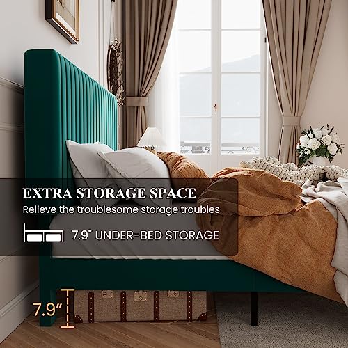 Image of SHA CERLIN King Upholstered Platform Bed Frame with Vertical Channel Tufted Velvet Fabric Adjustable Headboard, Wooden Slats Support, Mattress Foundation, Box Spring Optional, Teal