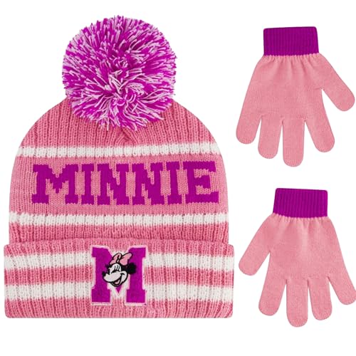 Disney Minnie Mouse Beanie Hat and Gloves Set, Kids Polka Dot Cuffed Winter Knit Cap