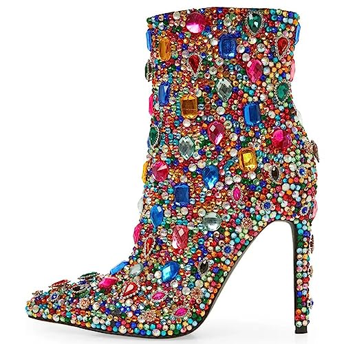 Kluolandi Womens Jeweled Ankle Boots with Zipper Pointed Toe Stiletto High Heel Booties for Women3