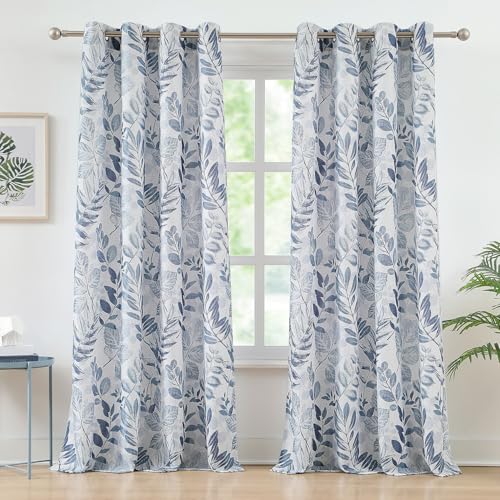 Image of Blue Leaf Print Light Filtering Window Curtains, 55 inch Wx90 Lx2
