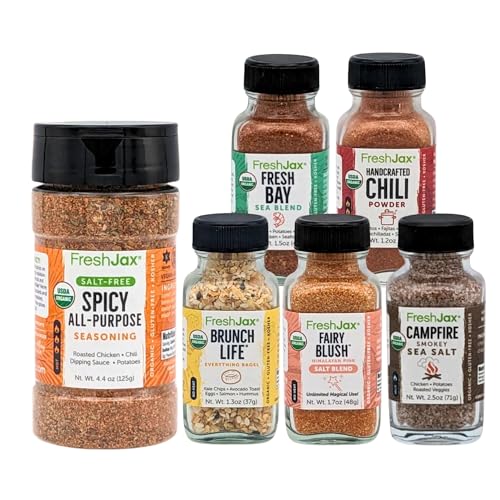 FreshJax Salt Free Spicy All Purpose and Camping Seasoning Gift Set Bundle | 5 Sampler Sized and 1 Large Bottle | Non GMO, Gluten Free, Keto, Paleo, No Preservative