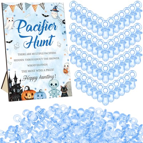 Image of Thyle 51 Pcs Blue Halloween Pacifier Hunt Baby Shower Games Cute Pumpkin Ghost Baby Shower Game Decoration Include Hunt Sign and Acrylic Pacifiers Gift Sets for Halloween Gender Reveal Party Decor