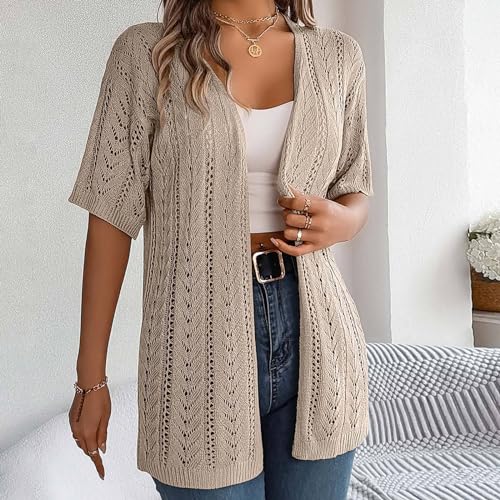 Womens Solid Color Summer Crochet Short Sleeve Knit Cardigan Lightweight Open Front Sun Womens Sweater Leopard3