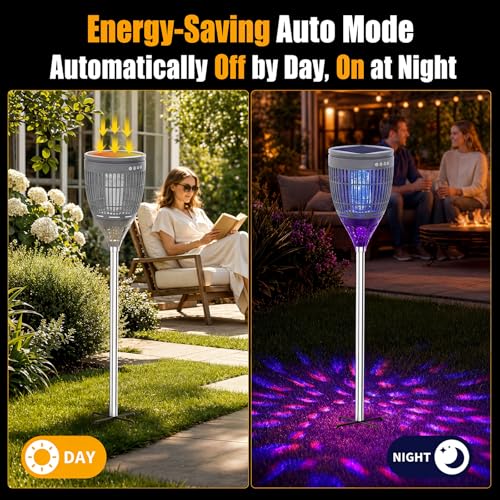 Image of Rossetta Solar Bug Zapper Outdoor, Fly Zapper with Flame & Projector Light | 4200V Shock Grid, Solar & USB Charging, IPX5 Waterproof, Auto Mode, Cordless Electric Mosquito Killer for Patio, Garden