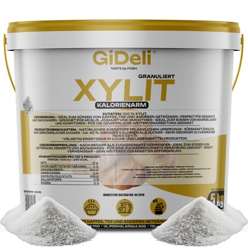 GiDeli Xilitol Azúcar Original de Finlandia 5kg en cubo de azúcar de abedul sustituto de alimentos como vegano y edulcorante dental