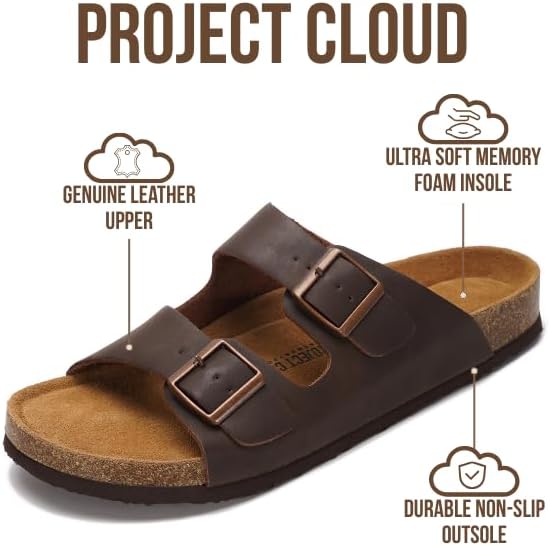 Project Cloud 100% Genuine Leather Mens Sandals - Memory Foam Insole & Cork Footbed Slides for Men Footwear - Non-Slip Summer Sandals for Men & Lightweight Mens Slides (Heritage) - Image 3