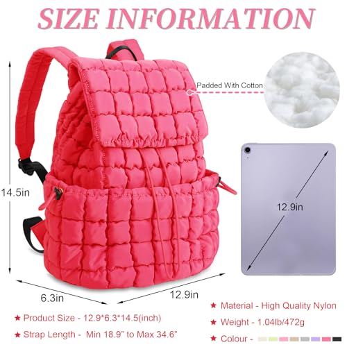 Image of Quilted Puffer Backpack for Women, Lightweight Soft Nylon Quilted Hiker Pack Top Flap Drawstring Backpack, Trendy Puffy Padding Gym Travel Bag for Casual Daypack Hiking Sport (Rose Red)