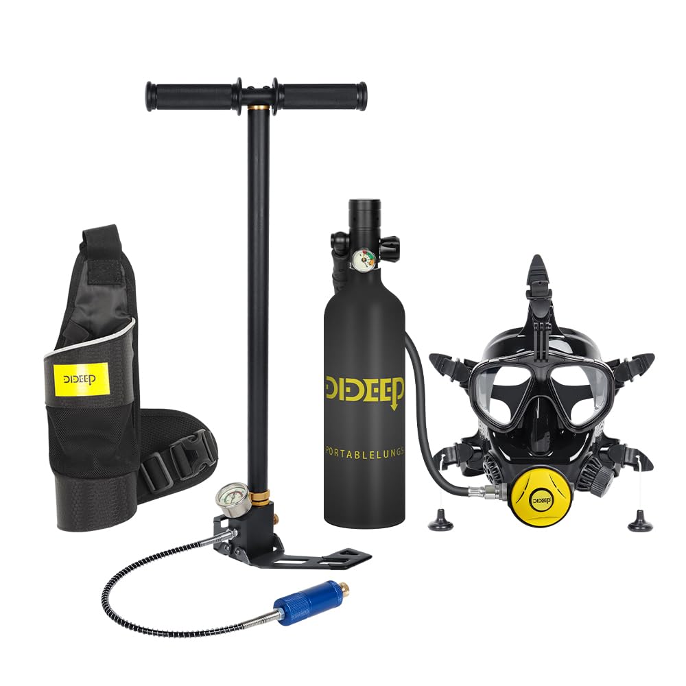 1L Tauchset mit Vollgesichtsmaske für Erwachsene mit Aufpumpvorrichtung | Tragbare Tauchflasche, 15-20 Min. Luftversorgung | Wiederverwendbares Schnorchel-Set & Atemgerät | Unterwasser-Erkundung