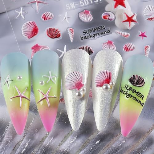 Jaliya JLA0323 5D Embossed Ocean Nail Stickers Summer Nail Decals Shell Starfish Jellyfish Nail Sticker Nails Stickers Sea Animals Nail Art Stickers Beach Nail Stickers thumb #6