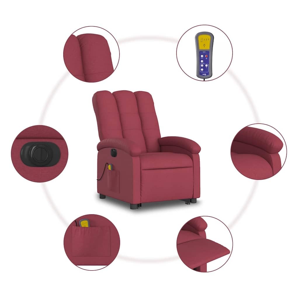 Sillón elevador eléctrico reclinable de tejido rojo vino con 6 puntos de vibración, función de elevación e inclinación a 135 grados, estructura estable