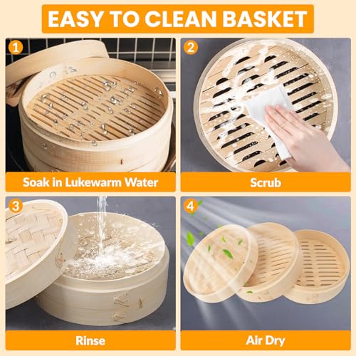 Bamboo Steamer 8 Inch, 2 Tier Bamboo Steamer Basket with a Lid, Dumpling Steamer with Paper Liners, Reusable Silicone Liners, Cutter, Sauce Dish, Chopsticks, for Steaming Dim Sum Buns Asian Food