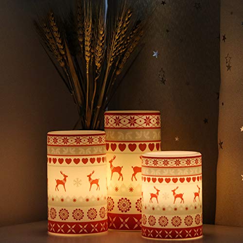 Image of GenSwin Flameless Flickering Led Candles Battery Operated with 6 Hours Timer, Real Wax Pillar Candles Warm Light Love Deer Decal Decor Gift(Pack of 3)