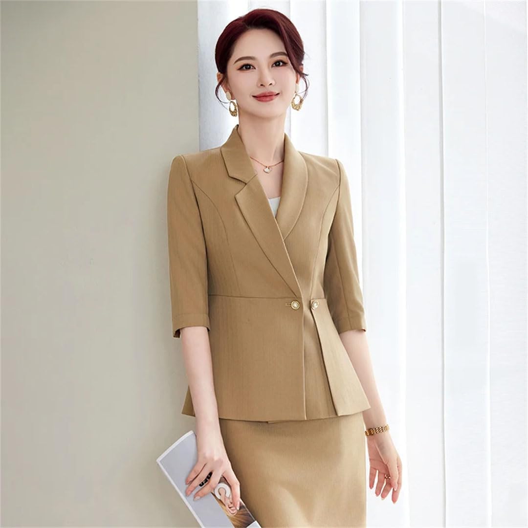 Women's Solid Lapel Button Half-Sleeved Slim Office Suit Jacket and Skirt Two-Piece Set