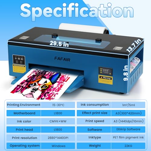 Image of FAFAIR A3 L1800 DTF Printer, DTF Transfer Machine with White Ink Mixing System & Auto Clean, High-Speed DIY Print Machine with Software, Powder, 5 x 250ml Ink, and 1 x Roll of Film(L1800+Oven)