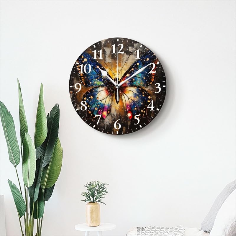 Battery Operated Round Wall Clock Non-Ticking Silent Analog Clcok Decorative for Living Room,Office,Kitchen-Butterfly in A Sparkling Setting(16inch)