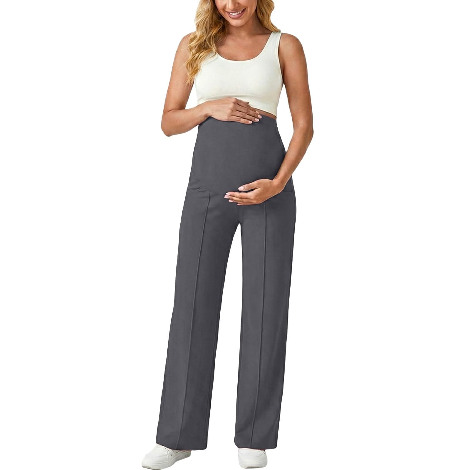 Generisch Pantalon de grossesse pour femme - Jambes larges - Pantalon de yoga - Pantalon droit - Pantalon de grossesse - Pantalon de grossesse avec poches - Pantalon de loisirs
