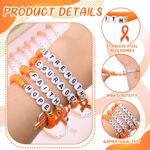 24 Pcs Leukemia Awareness Products Orange Ribbon Polymer Clay Letter Beaded Stretch Bracelets Leukemia Lymphoma Cancer Awareness Products for Women Public Social Charity Welfare Event3