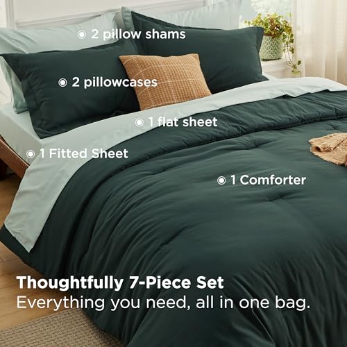 Image of Bedsure Queen Comforter Set - 7 Pieces Forest Green Queen Bedding Set for All Seasons, Boho Contrasting Design Bed in a Bag with Comforter, Sheets, Pillowcases & Shams