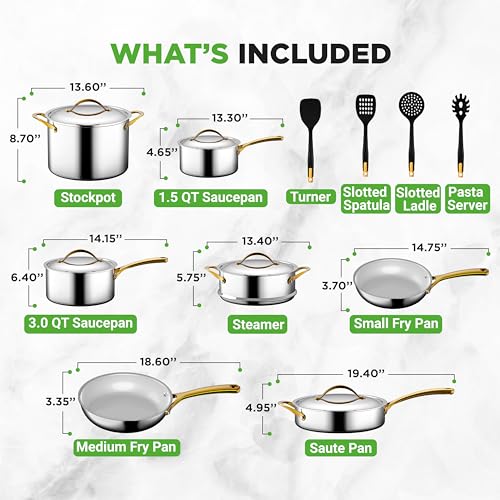 Image of NutriChef 16-Piece Stainless Steel Kitchenware - Pots & Pans Set Clad Kitchen Cookware with Nylon Utensils, Fry Pan Interior Coated with Prestige Ceramic Non-Stick Coating, Stylish Kitchen Cookware
