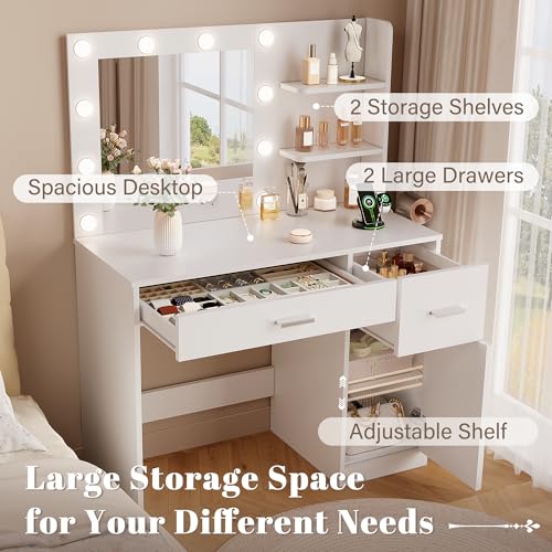 Image of YESHOMY 35.4 inch Vanity Desk with Mirror & Lights, Power Outlet and 3 Storage Shelves, Makeup Vanity Table with Open Shelves for Bedroom Dressing Room,Clean White