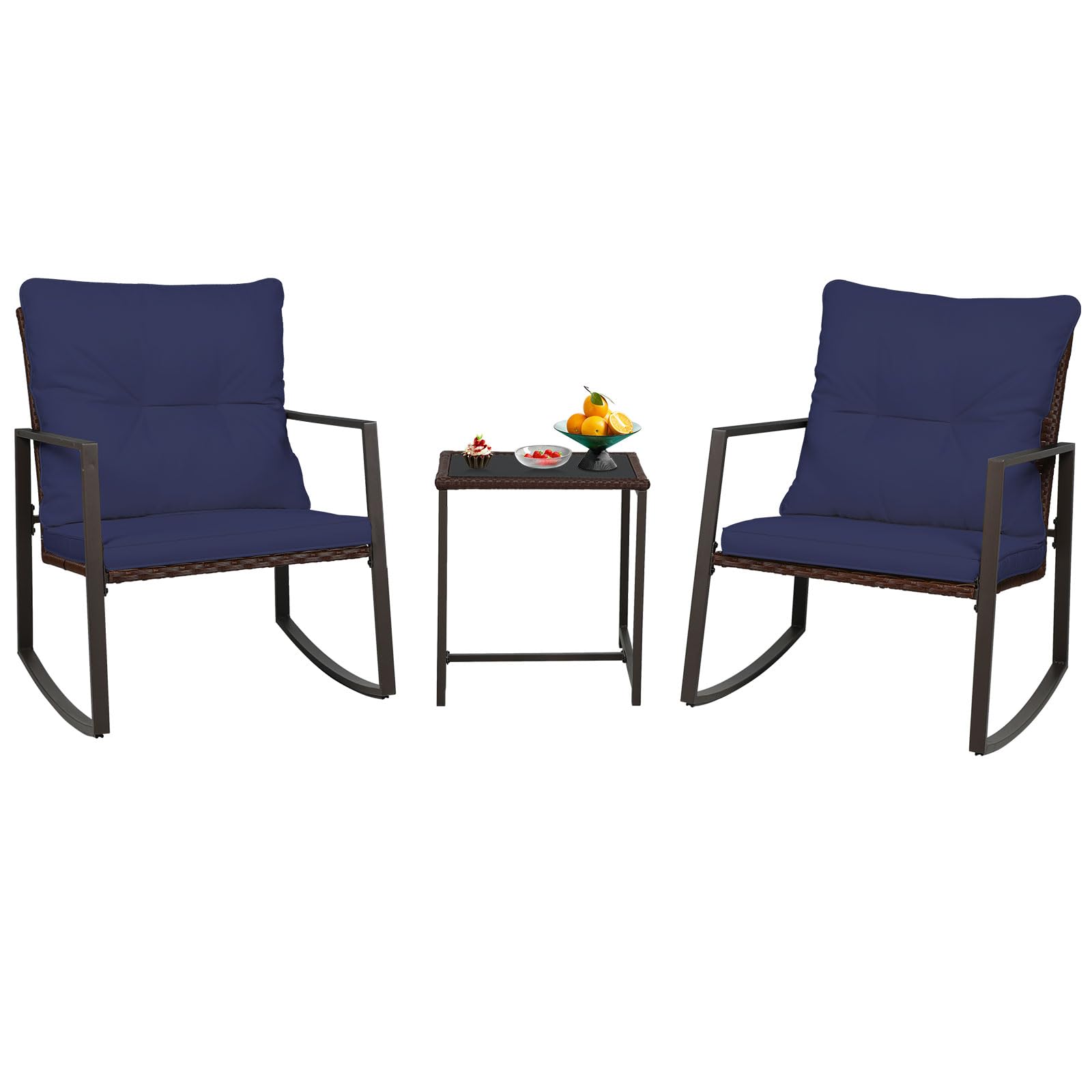 SUNCROWN 3-Piece Outdoor Rocking Chairs Patio Bistro Set Patio Brown Wicker Chairs with Glass Coffee Table, Dark Blue Cushion