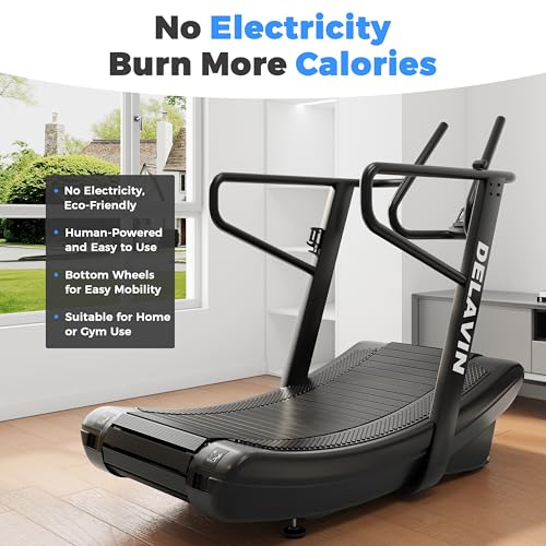 Image of DELAVIN Sturdy Curved Manual Treadmill, Non Electric Motorized Treadmill | 4 Resistance Levels, Display Speed, Time, Distance, Calories, Easy Install, 440LBS Capacity, for Home /Gym /Hotel /Rehab (FBA)